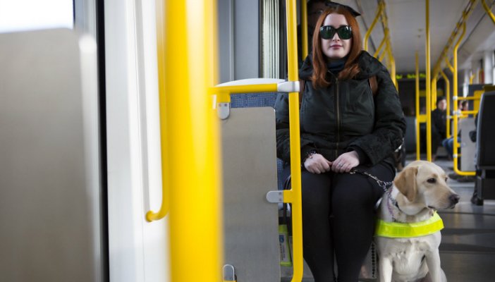 Young woman sitting in a train carriage, with her guide dog