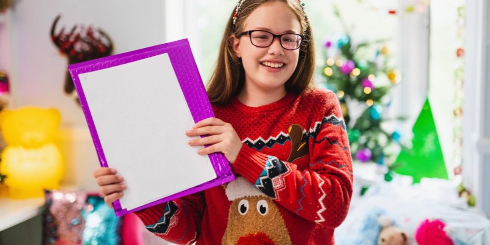 An image of our chief Joy Maker Keira, stood smiling in front of Christmas decorations whilst wearing a red festive jumper and proudly holding up her accessible Letter from Santa.