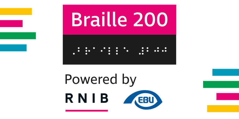 Braille 200 logo, a pink bar with the words Braille 200 inside, a black bar underneath with a visual representation of braille and a white bar at the bottom with the RNIB and European Blind union logo