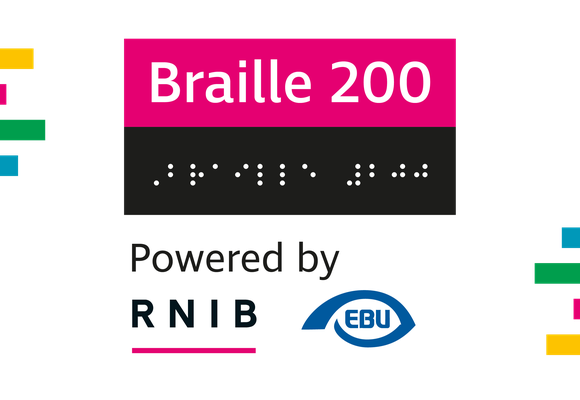 Braille 200 logo, a pink bar with the words Braille 200 inside, a black bar underneath with a visual representation of braille and a white bar at the bottom with the RNIB and European Blind union logo