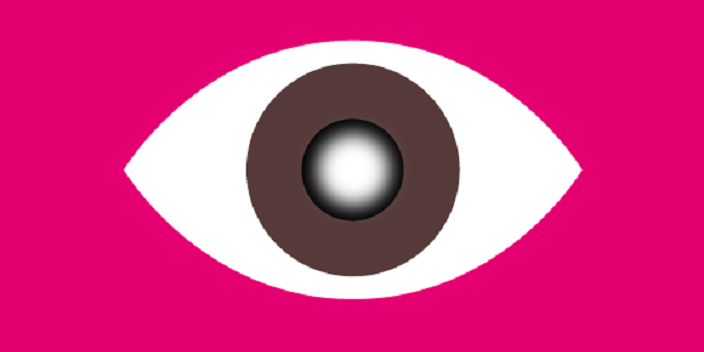 Image of Pink graphic with an image of an eye in the centre. The eye has a brown iris and cloudy white pupil.