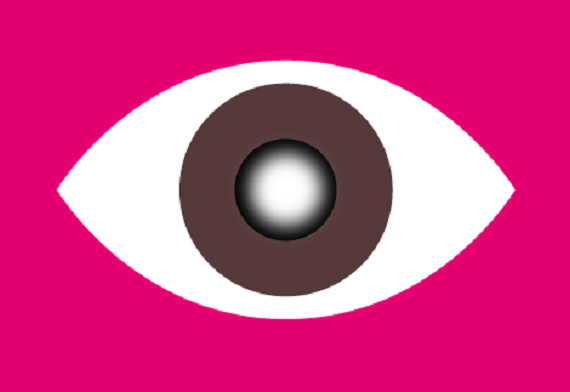 Image of Pink graphic with an image of an eye in the centre. The eye has a brown iris and cloudy white pupil.